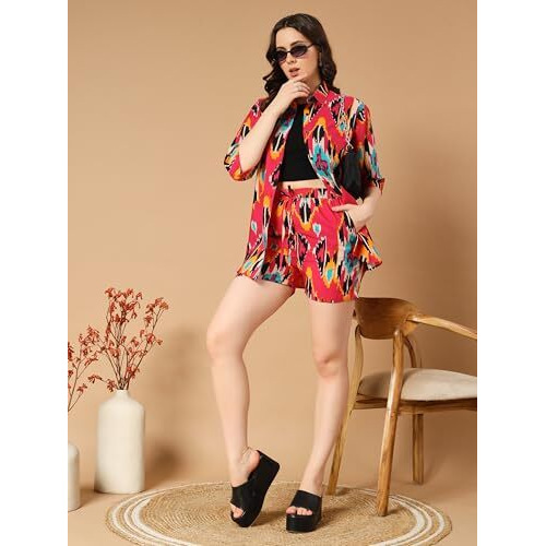 Kzully Rayon Floral | Co-Ord Set With Two-Piece Dress, Top, Shorts | Casual Co-Ordination | Full Pair Set | Fancy Full Pair Set | Long Sleeve Shirt And Shorts | Co-Ord Sets For Women,Multicolor,Large