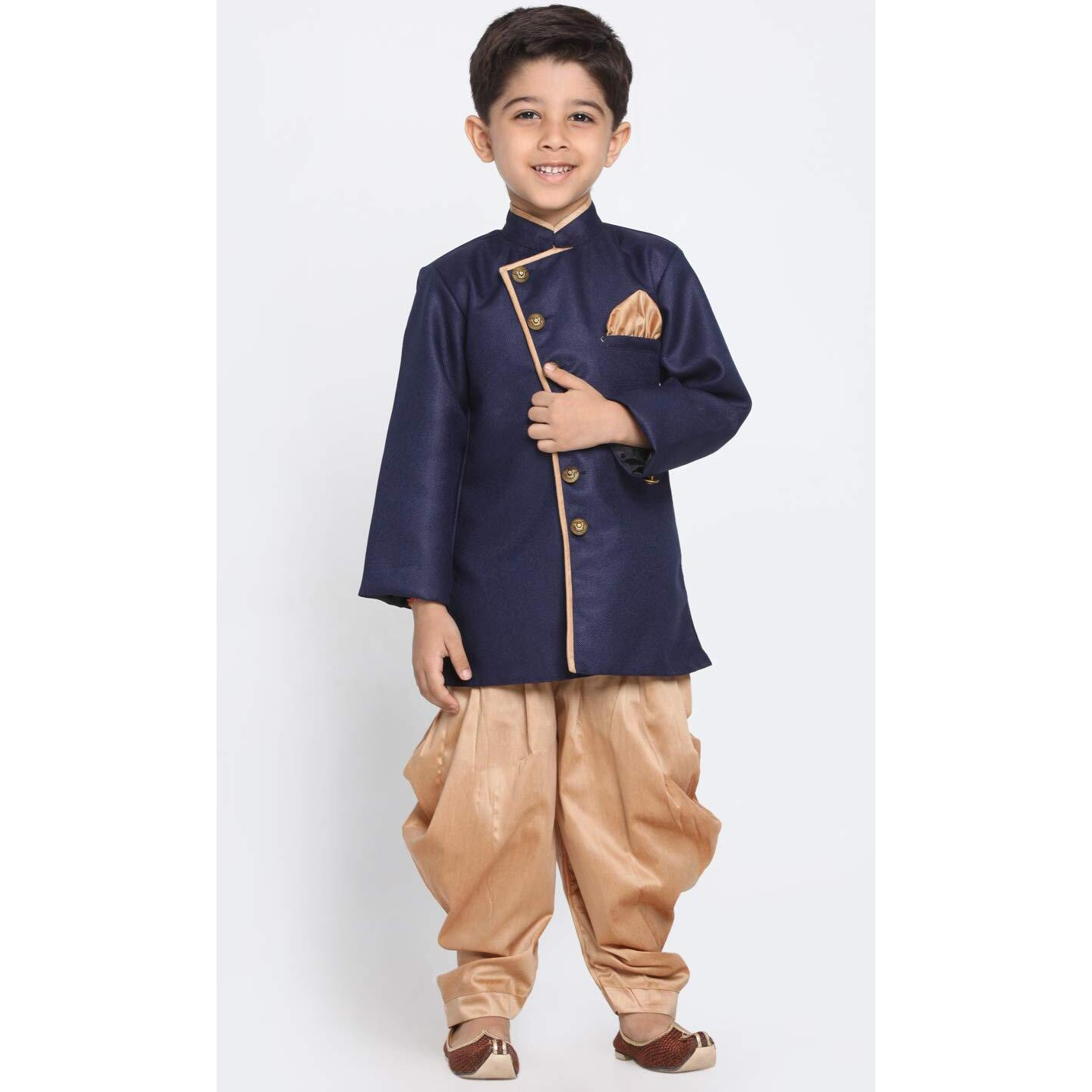 Jbn Creation Boys' Navy Blue And Rose Gold Cotton Blend Sherwani And Dhoti Pant Set_Jbnbciw124Nbncdrg_26