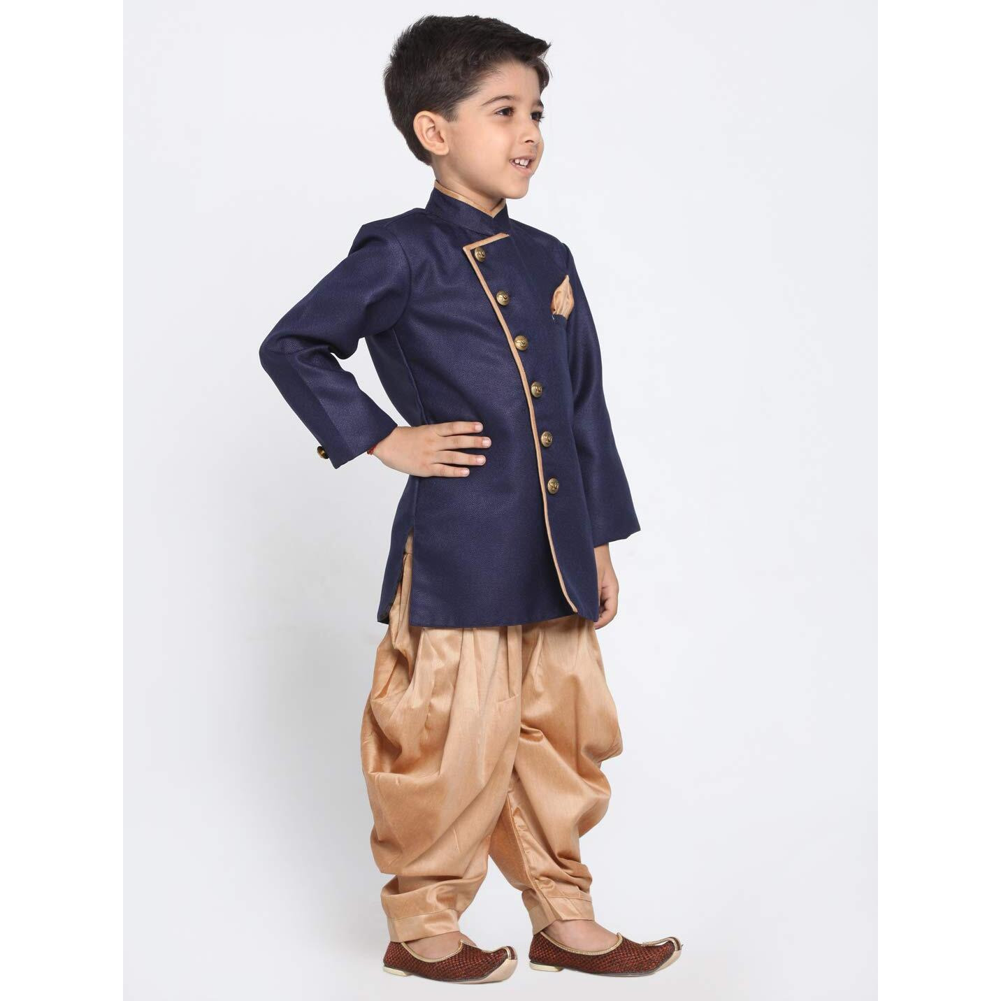 Jbn Creation Boys' Navy Blue And Rose Gold Cotton Blend Sherwani And Dhoti Pant Set_Jbnbciw124Nbncdrg_26