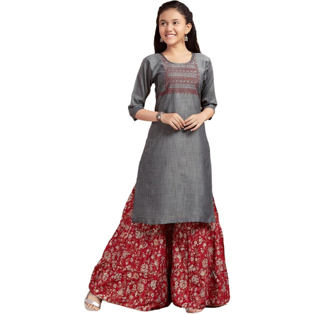 Aarika Girls Casual Wear Grey Colour Tribal Print Cotton Kurti (9-16 Years)