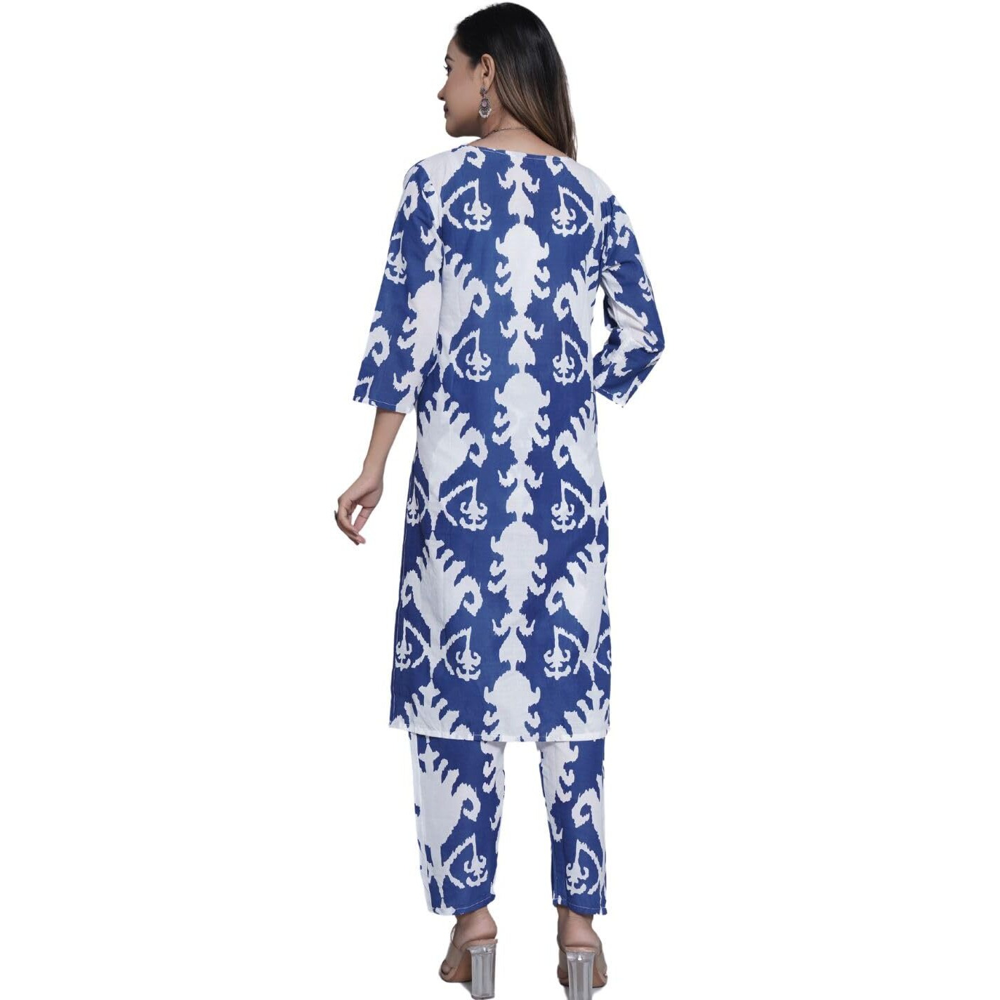 Rytras Women's Cotton Printed Straight Kurta With Pant Set(Ryt573,Blue,M)