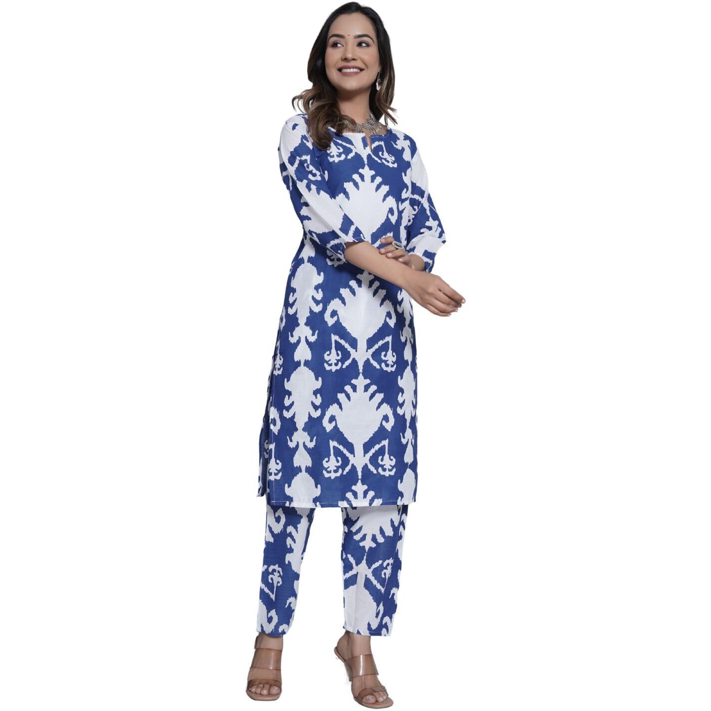 Rytras Women's Cotton Printed Straight Kurta With Pant Set(Ryt573,Blue,M)