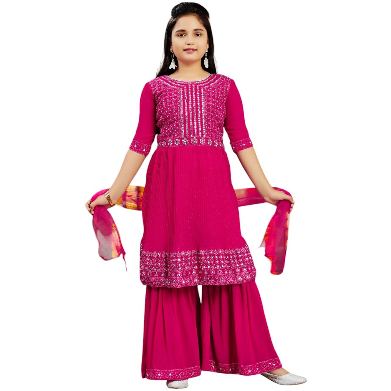Aarika Girls Ethnic Wea Rani Blue Colour Mirror Embroidery Georgette Kurti Sharara Set (5-16 Years)
