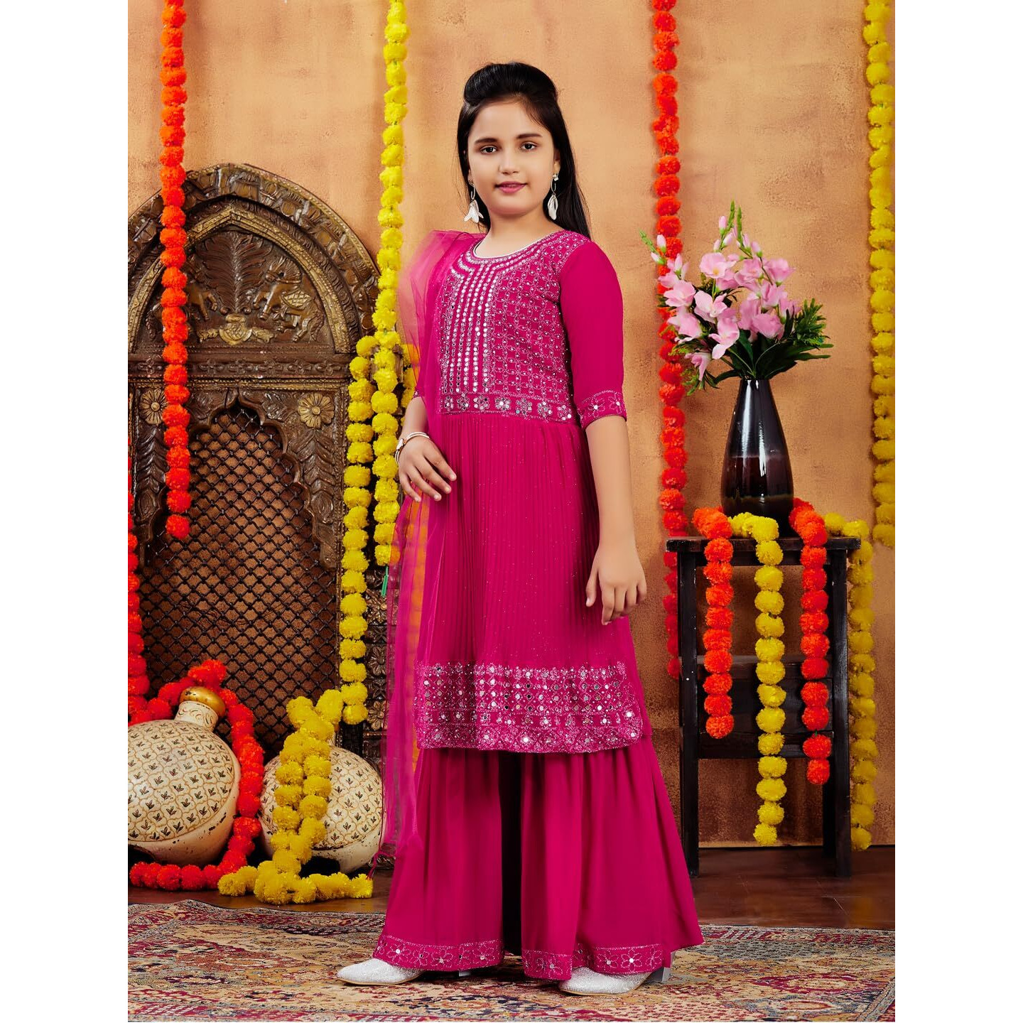 Aarika Girls Ethnic Wea Rani Blue Colour Mirror Embroidery Georgette Kurti Sharara Set (5-16 Years)