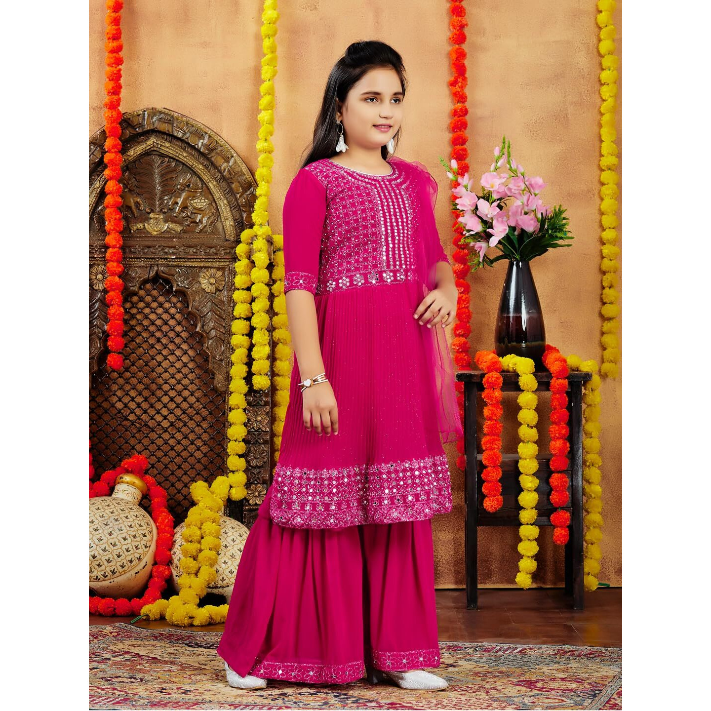 Aarika Girls Ethnic Wea Rani Blue Colour Mirror Embroidery Georgette Kurti Sharara Set (5-16 Years)