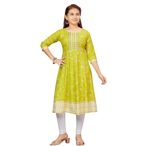 Aarika Girls Lime Green-White Colour Cotton Kurti Legging Set (Kl-K-Ap-1121-C-Green-White-36)