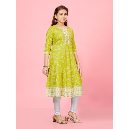 Aarika Girls Lime Green-White Colour Cotton Kurti Legging Set (Kl-K-Ap-1121-C-Green-White-36)