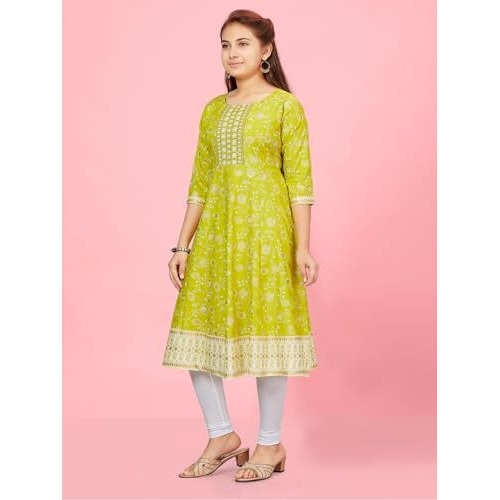 Aarika Girls Lime Green-White Colour Cotton Kurti Legging Set (Kl-K-Ap-1121-C-Green-White-36)