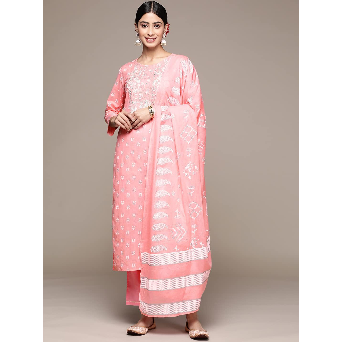 Anubhutee Women's Cotton Peach Floral Printed Straight Kurta Suit Set With Pants And Dupatta