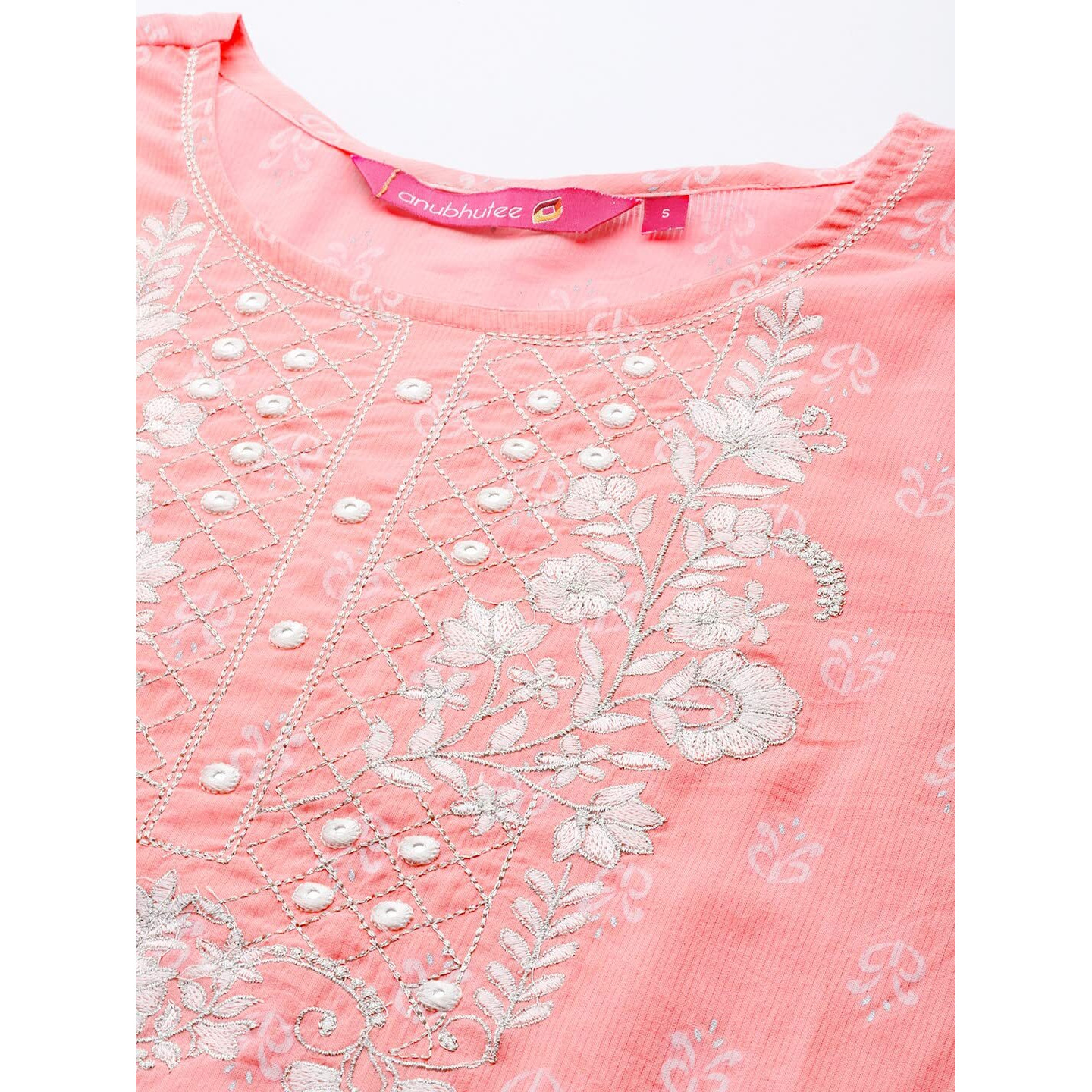 Anubhutee Women's Cotton Peach Floral Printed Straight Kurta Suit Set With Pants And Dupatta