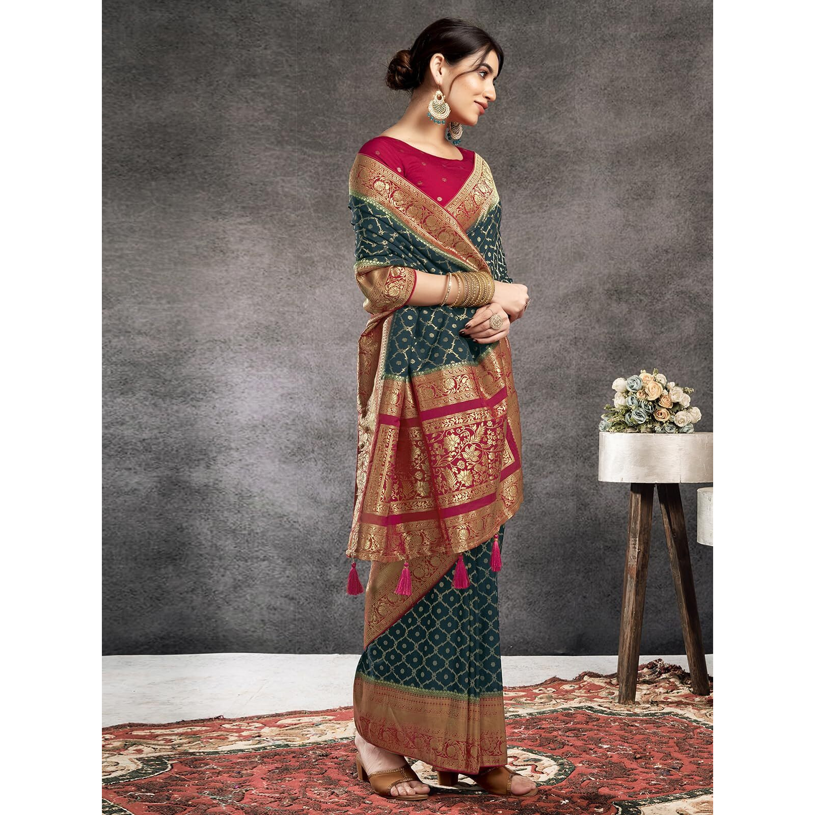 Satrani Women's Viscose Georgette Banarasi Jacquard Saree With Unstitched Blouse Piece (3811S6102N_Dark Rama Blue & Dark Rani Pink)