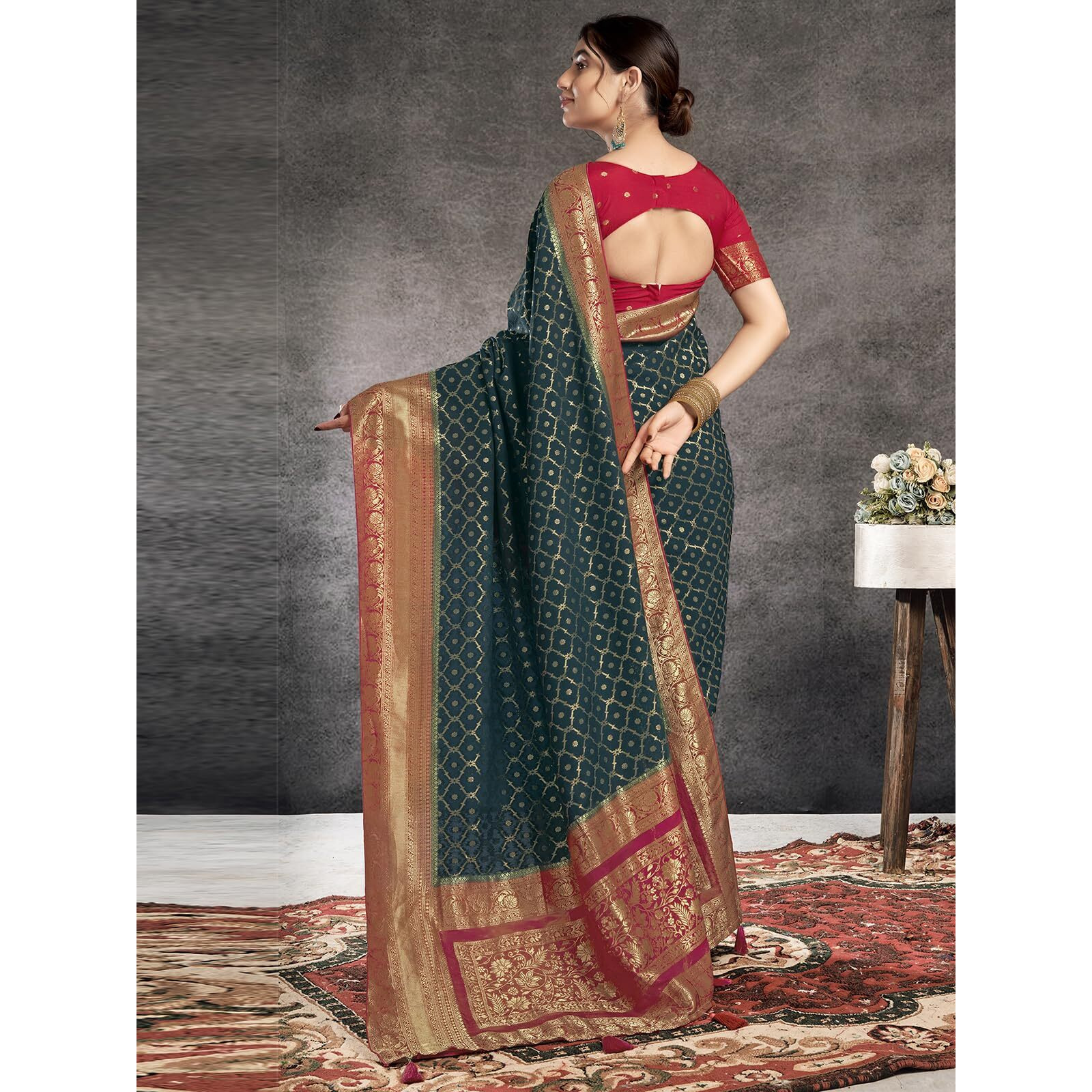 Satrani Women's Viscose Georgette Banarasi Jacquard Saree With Unstitched Blouse Piece (3811S6102N_Dark Rama Blue & Dark Rani Pink)