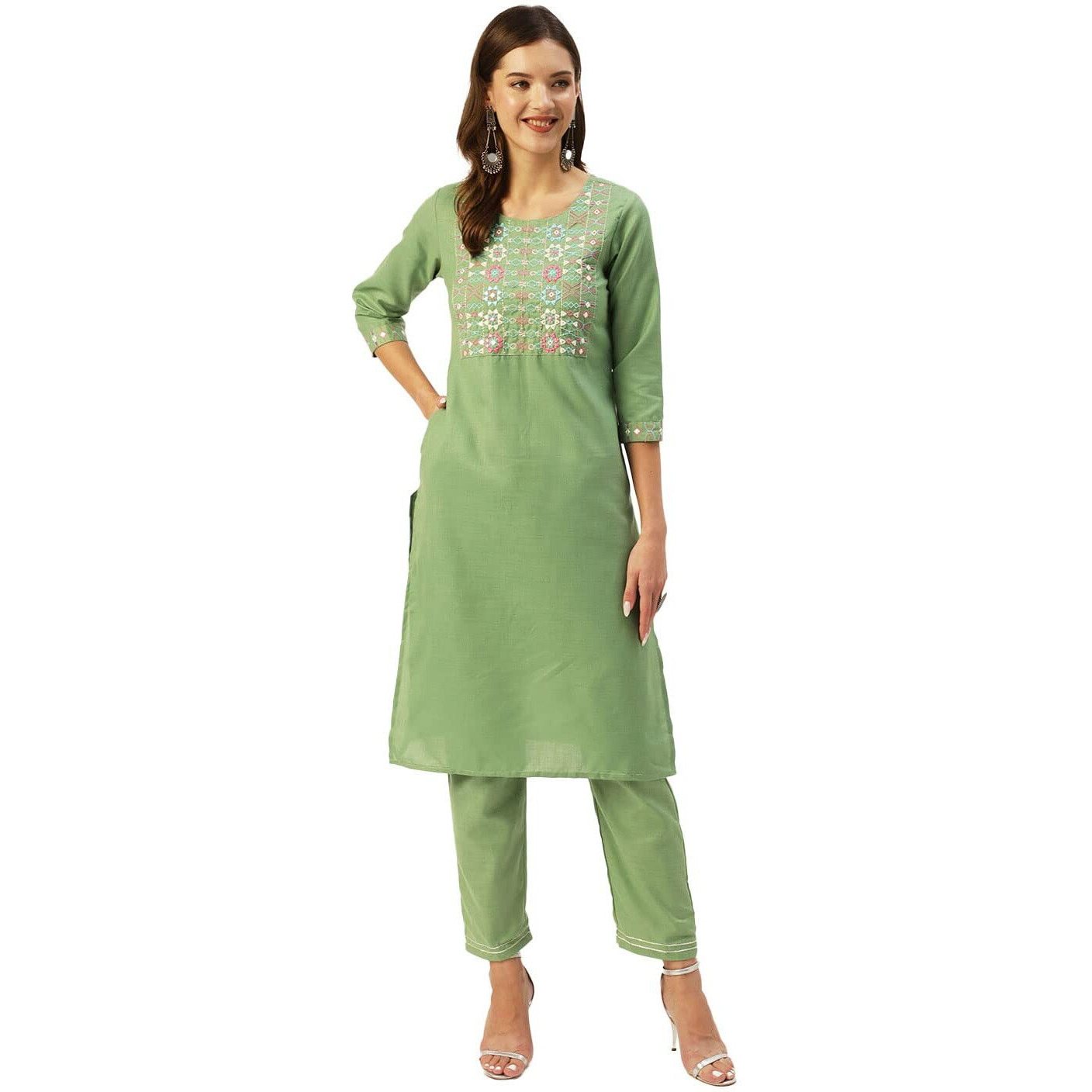 Anubhutee Women's Cotton Blend Olive Green Mirror Work Ethnic Motifs Embroidered Straight Kurta Suit Set With Pants