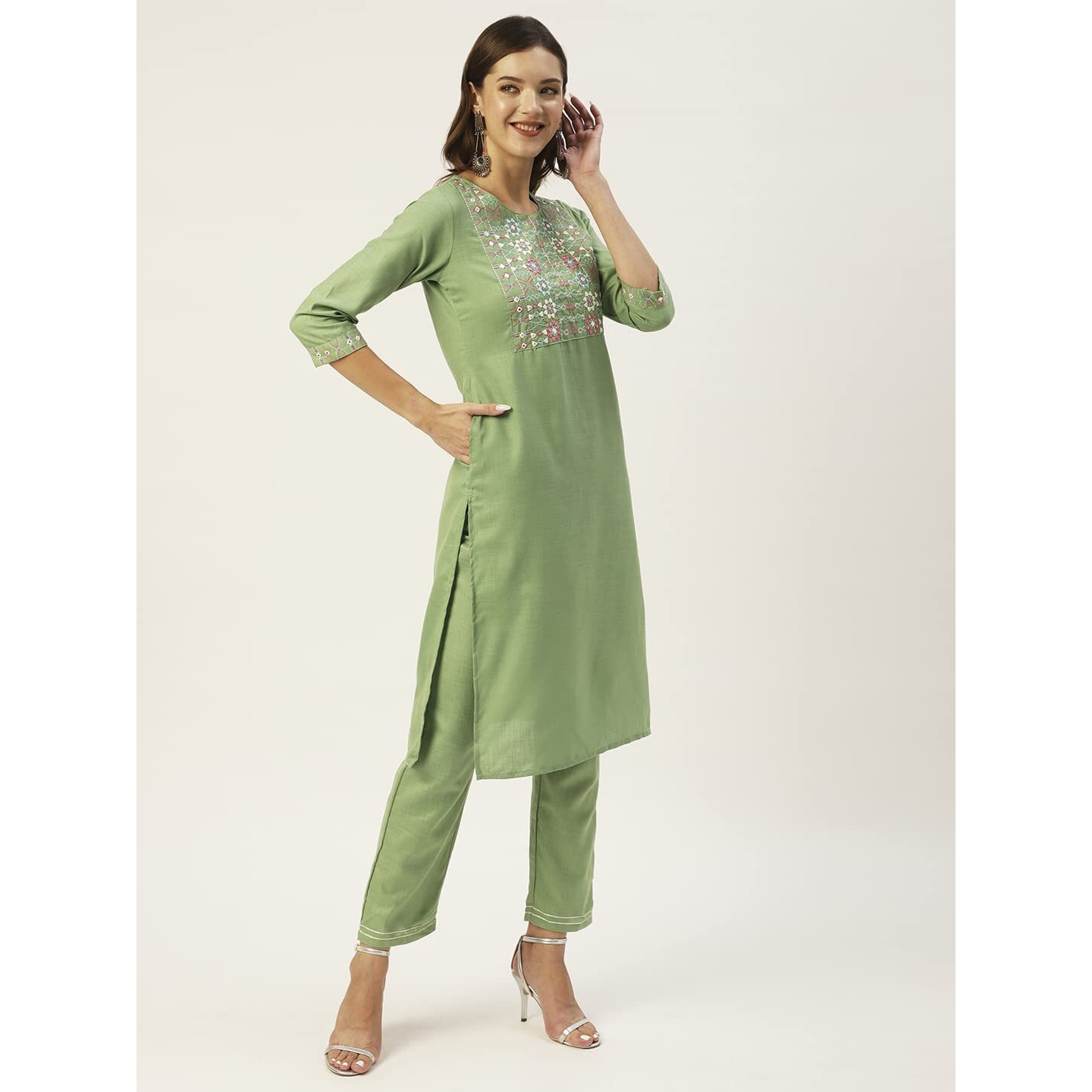 Anubhutee Women's Cotton Blend Olive Green Mirror Work Ethnic Motifs Embroidered Straight Kurta Suit Set With Pants