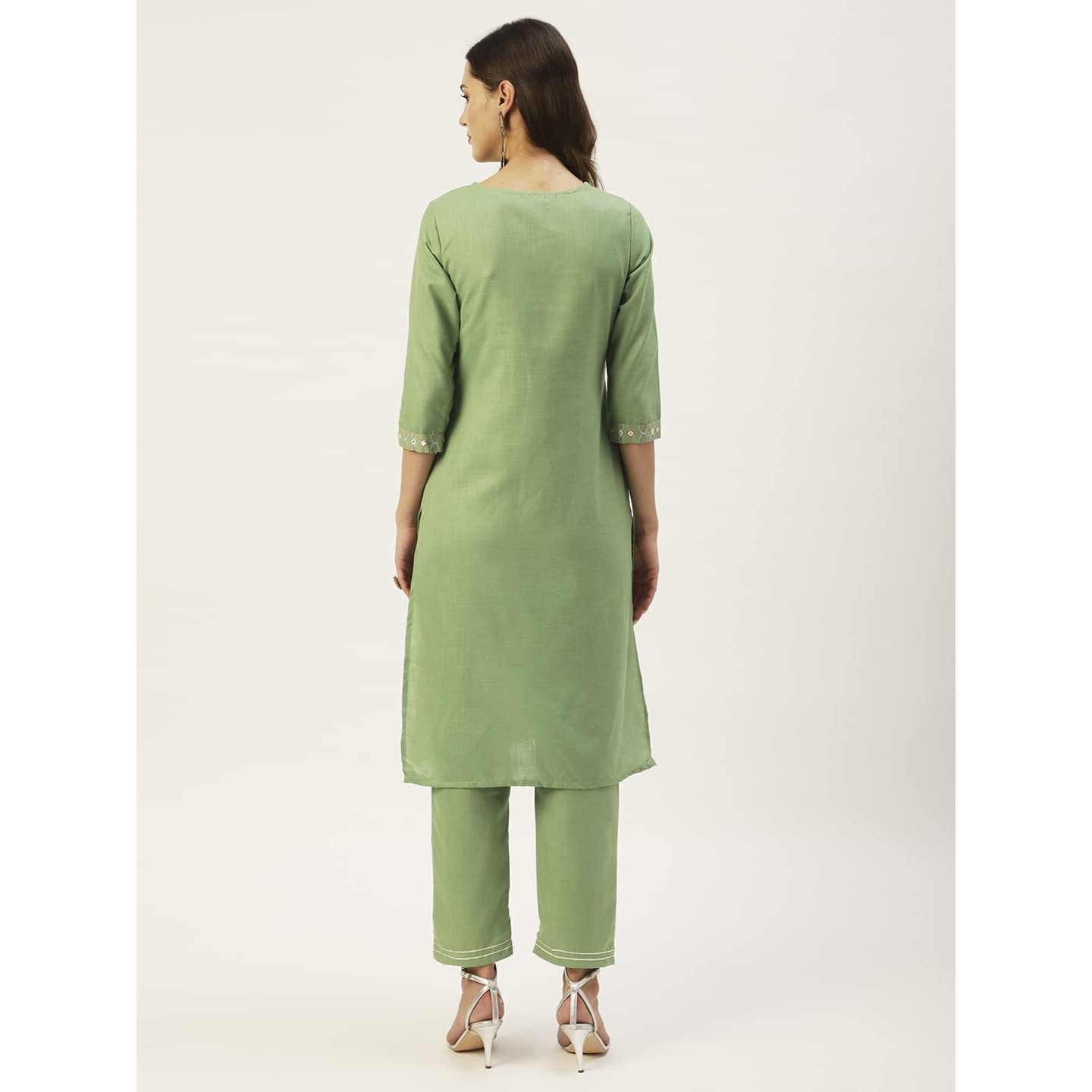 Anubhutee Women's Cotton Blend Olive Green Mirror Work Ethnic Motifs Embroidered Straight Kurta Suit Set With Pants