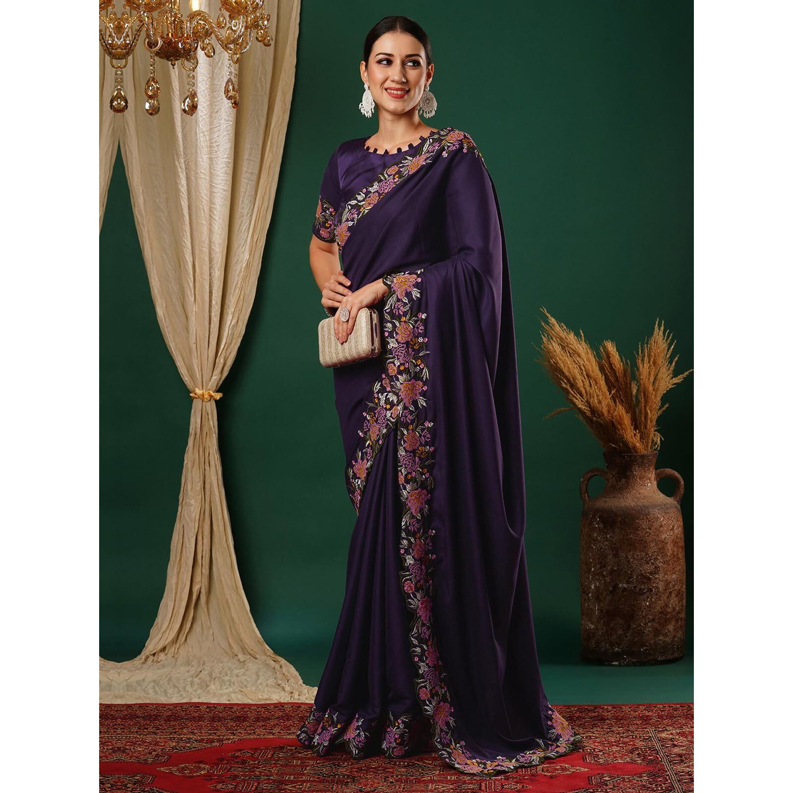 Satrani Women's Satin Embroidery And Scalloped Border Saree With Unstitched Blouse Piece (3922S536N_Deep Purple)