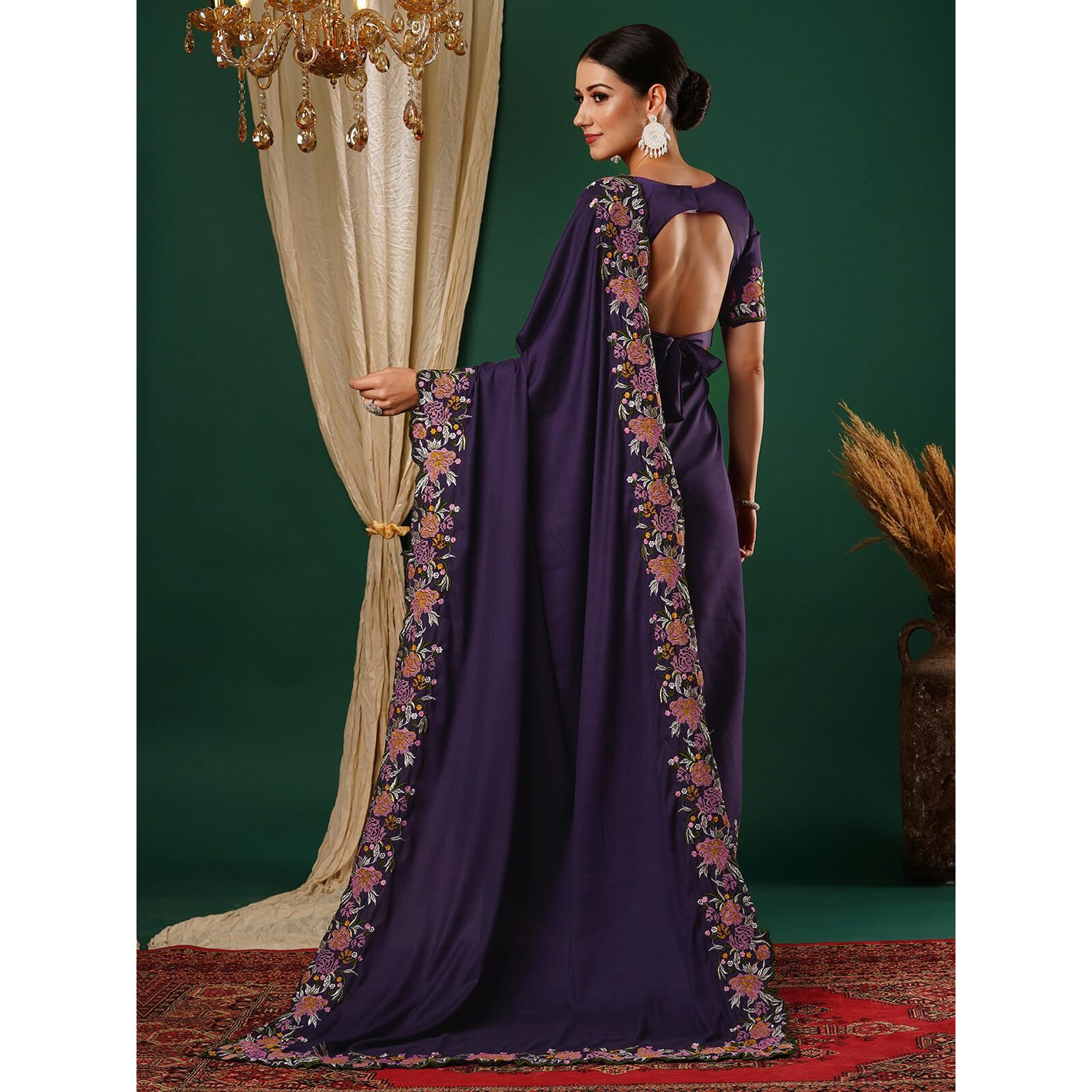 Satrani Women's Satin Embroidery And Scalloped Border Saree With Unstitched Blouse Piece (3922S536N_Deep Purple)