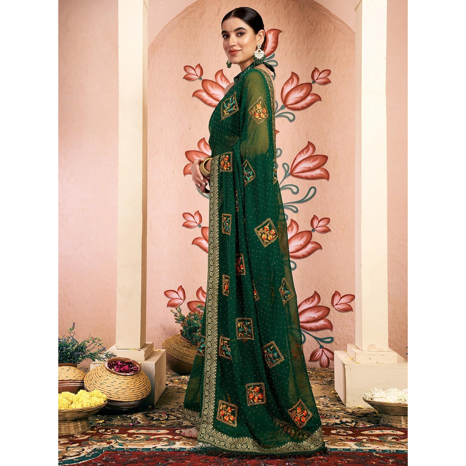 Satrani Women's Georgette Embroidery & Stone Work Saree With Unstitched Blouse Piece (4064S2811N_Dark Green)