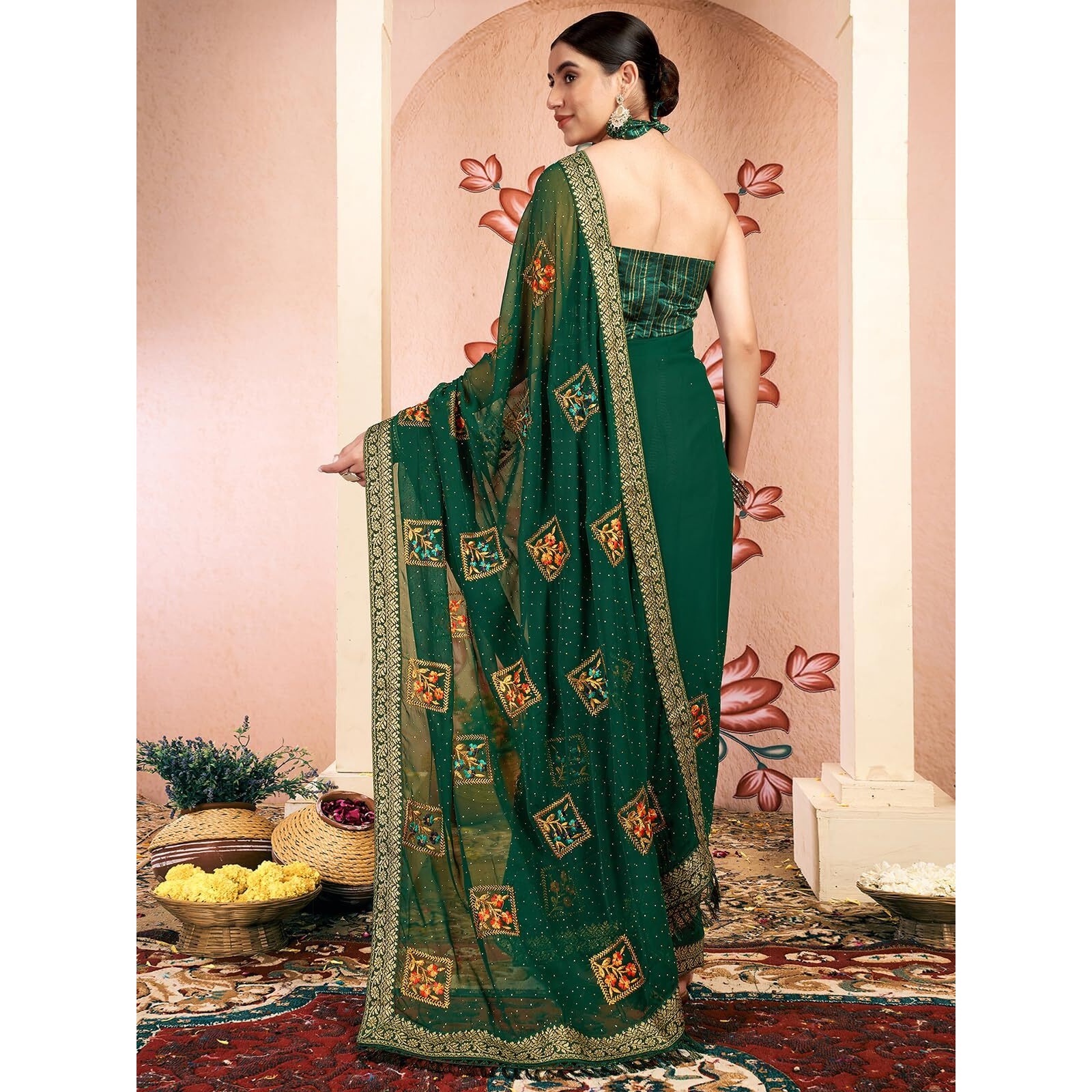 Satrani Women's Georgette Embroidery & Stone Work Saree With Unstitched Blouse Piece (4064S2811N_Dark Green)