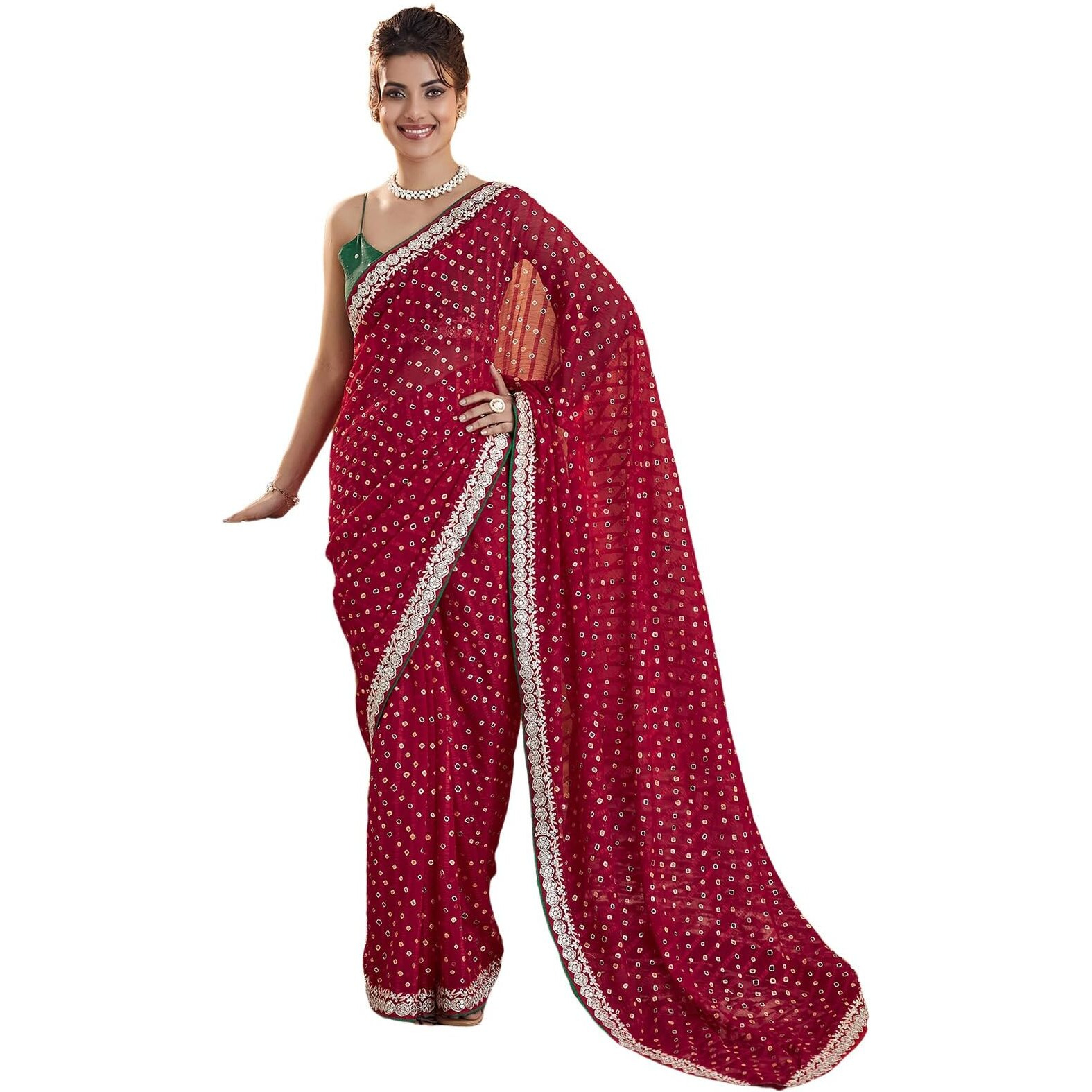 Satrani Women's Georgette Bandhani Foil Printed Saree With Unstitched Blouse Piece (4021S601N_Dark Pink)