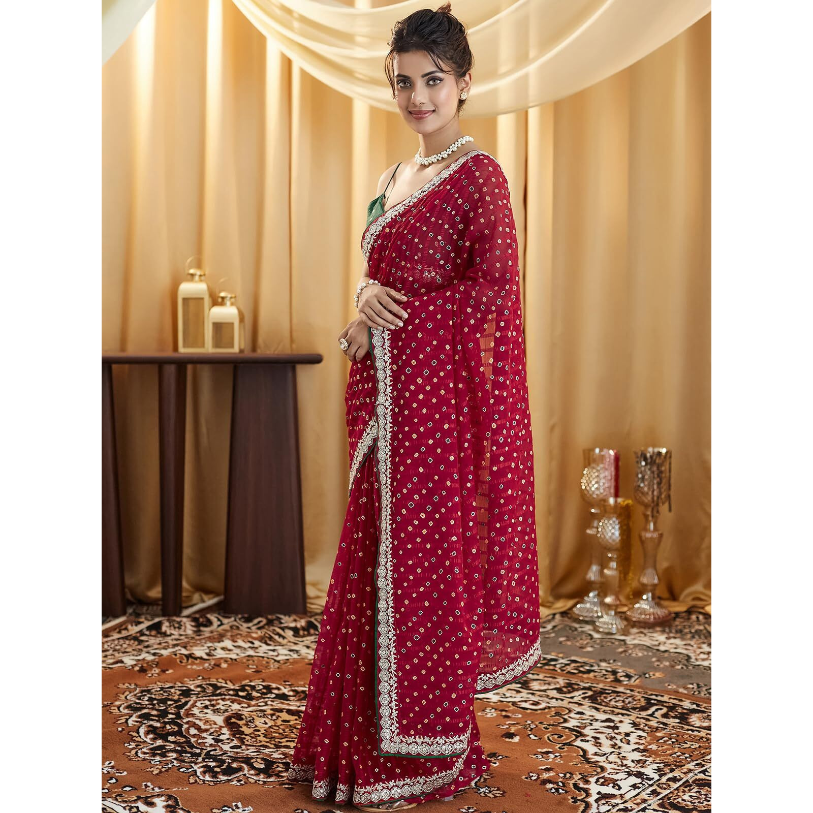Satrani Women's Georgette Bandhani Foil Printed Saree With Unstitched Blouse Piece (4021S601N_Dark Pink)