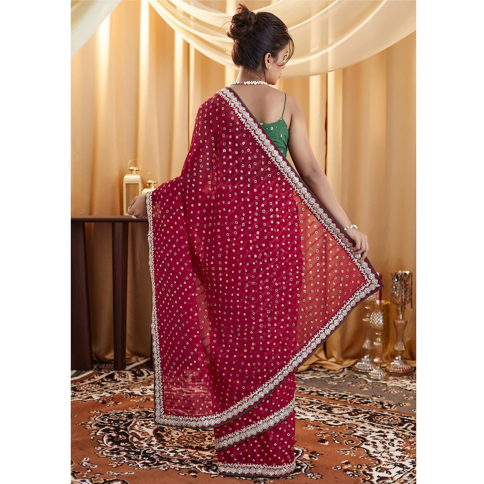 Satrani Women's Georgette Bandhani Foil Printed Saree With Unstitched Blouse Piece (4021S601N_Dark Pink)