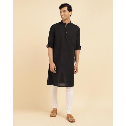 Fabindia Men's Cotton Woven Relaxed Kurta (1037157Black_Black