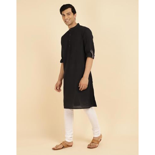 Fabindia Men's Cotton Woven Relaxed Kurta (1037157Black_Black