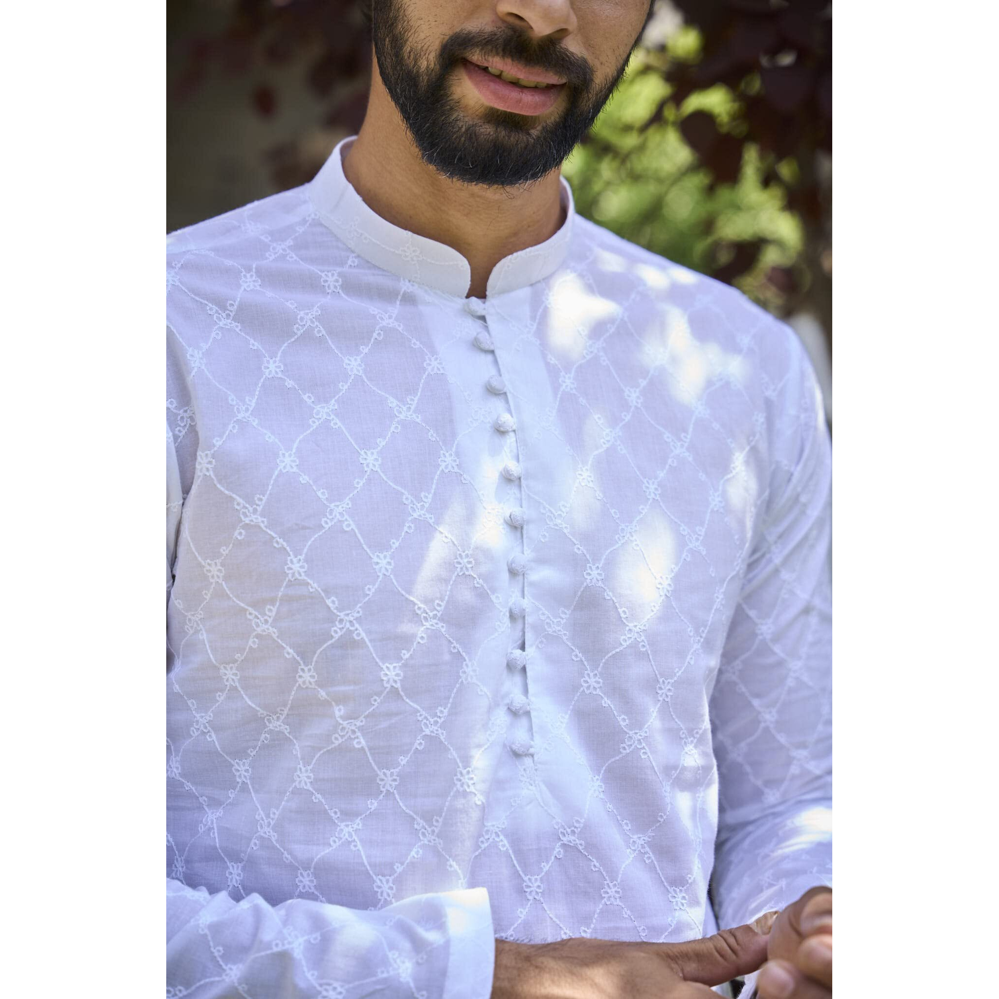 See Designs White Cotton Regular Fit Embroidered Kurta Set Mandarin Collar Long Sleeves_Sdmkt109203M