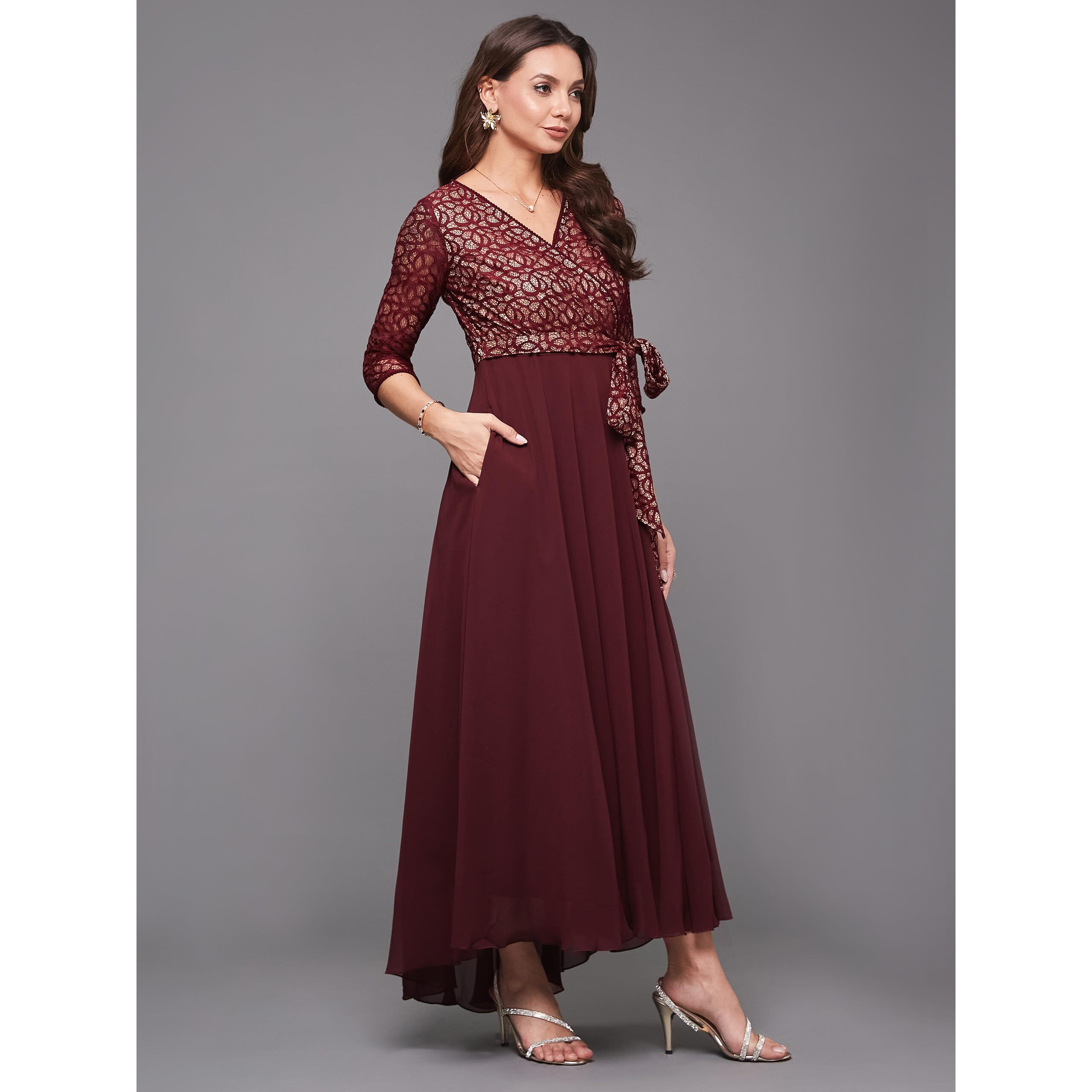 Miss Chase Women's V-Neck 3/4 Sleeve Georgette Maxi Dress (Plus Size) With Pockets (Mcss21D14-67-184-02, Wine, Xs)