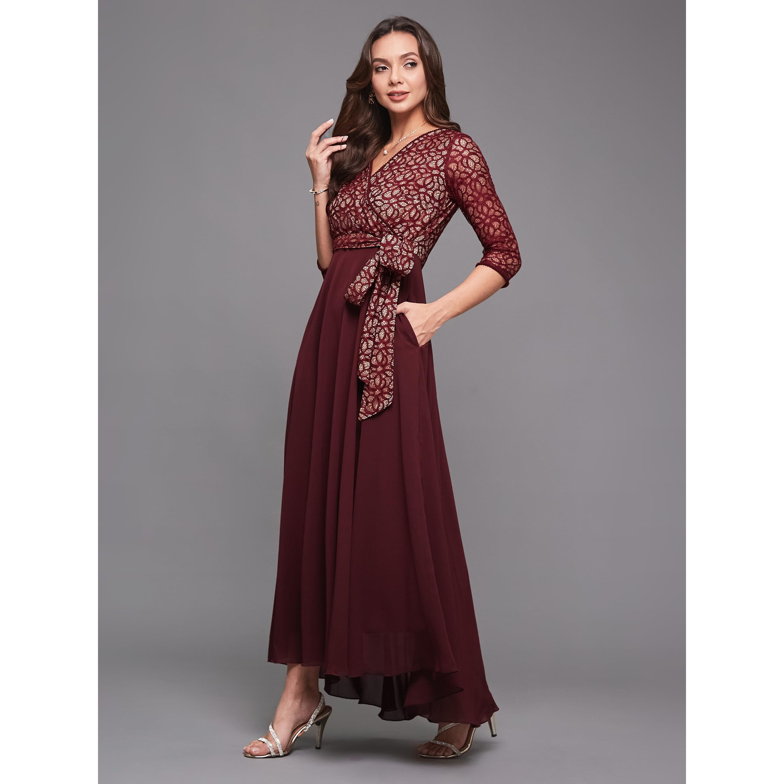 Miss Chase Women's V-Neck 3/4 Sleeve Georgette Maxi Dress (Plus Size) With Pockets (Mcss21D14-67-184-02, Wine, Xs)