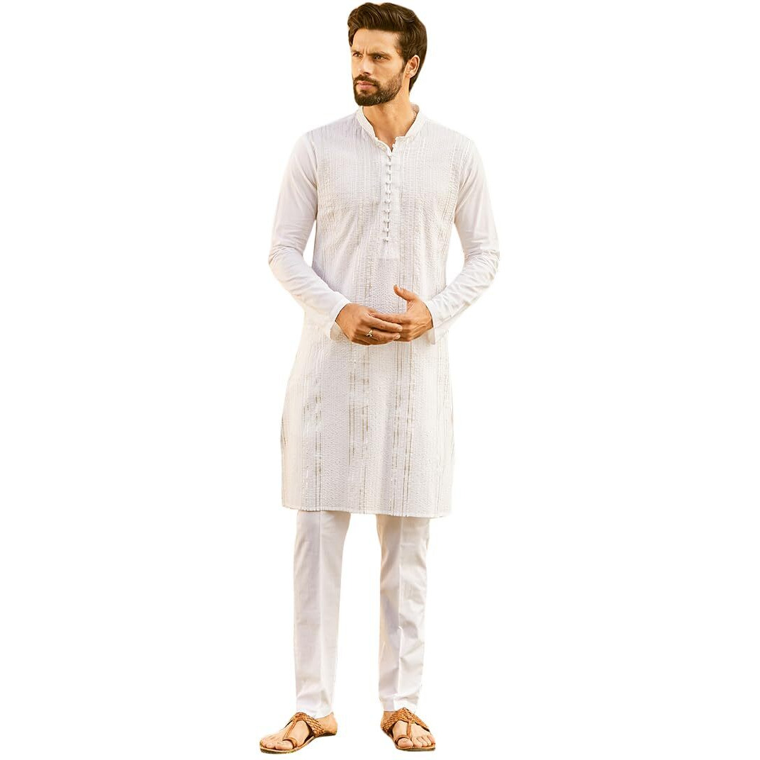 See Designs Men Full Sleeve White Cotton Pintex Design Silver Thared Work & Sequence Mandarin Collar Side Slit Kurta - Sd2Mkt_1414Xl