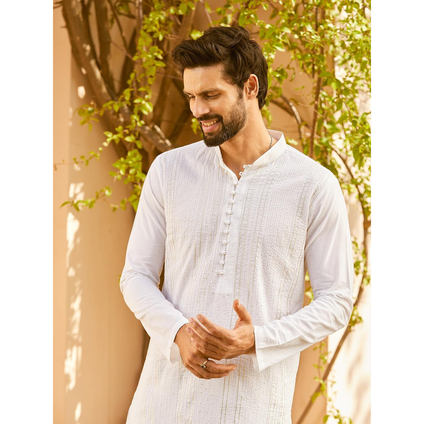 See Designs Men Full Sleeve White Cotton Pintex Design Silver Thared Work & Sequence Mandarin Collar Side Slit Kurta - Sd2Mkt_1414Xl