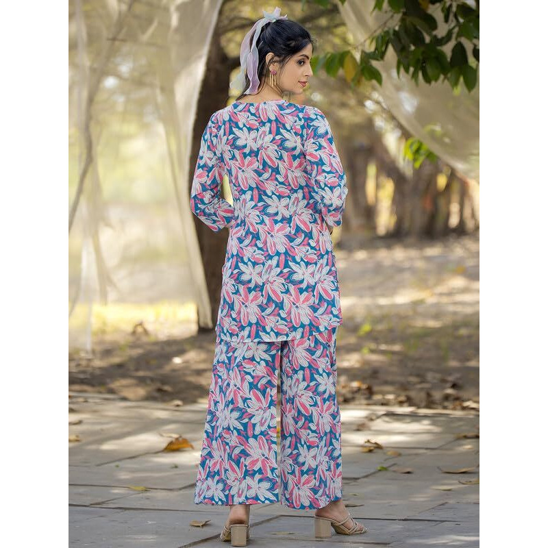 Pinkmint Women's Pure Cotton Co Ord Set L Flower Printed Co Ord Set L Stylish Pocket & 3/4 Sleeve Women Co-Ord Set