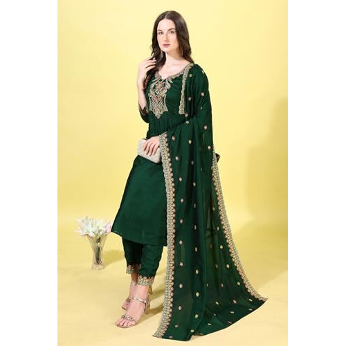 Pratham Blue Women's Rayon Embroidered Straight Kurta And Pant With Dupatta Set (Kurta Set For Women_Bkpa-1042-S_Dark Green)