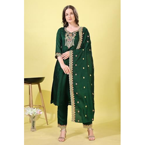 Pratham Blue Women's Rayon Embroidered Straight Kurta And Pant With Dupatta Set (Kurta Set For Women_Bkpa-1042-S_Dark Green)