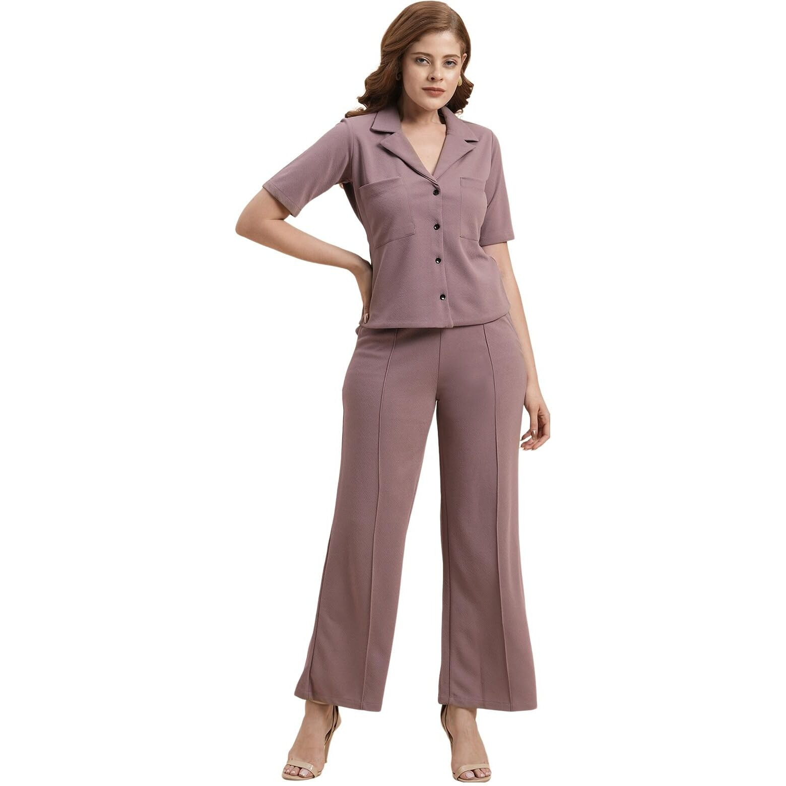 Selvia Co-Ords Set For Women|Lycra Shirt And Trouser Set|Casual Co-Ords Set For Women|Two Piece Co-Ord Set|Office Wear Co-Ords Set(717Ctk11721N-M_Mauve)