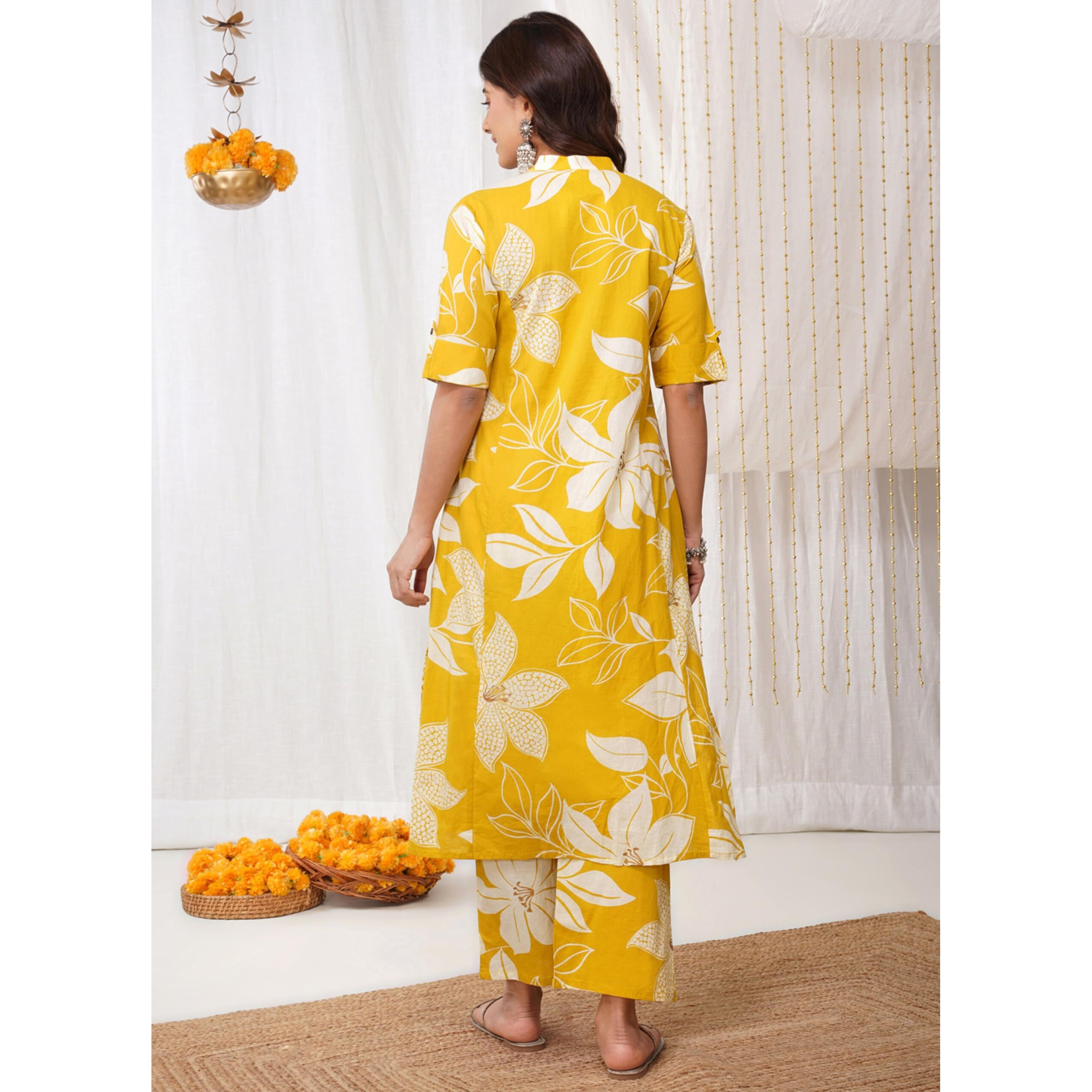 Rytras Women's Pure Cotton Printed Ethnic Wear A-Line Kurta Set With Palazzo Pants(Ryt648,Yellow,M)