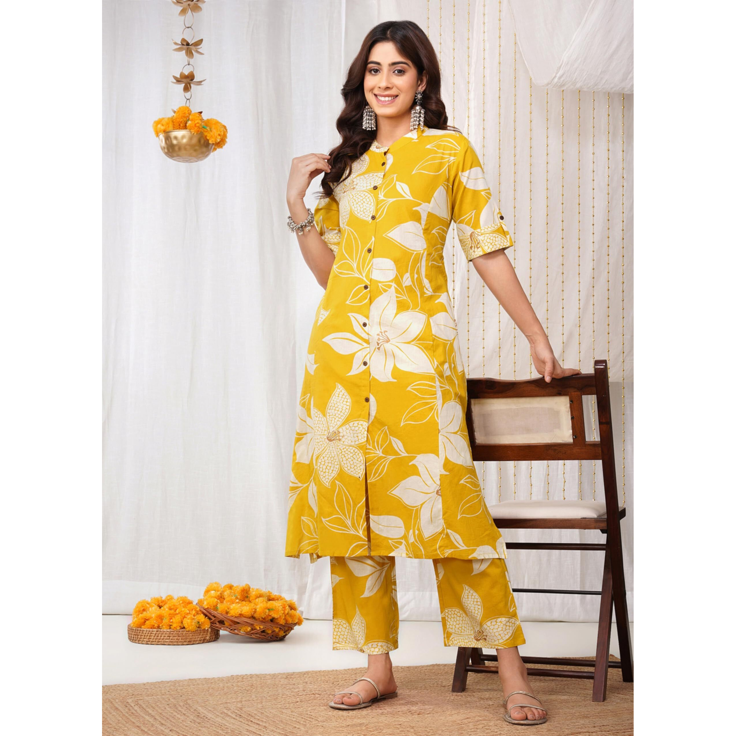Rytras Women's Pure Cotton Printed Ethnic Wear A-Line Kurta Set With Palazzo Pants(Ryt648,Yellow,M)