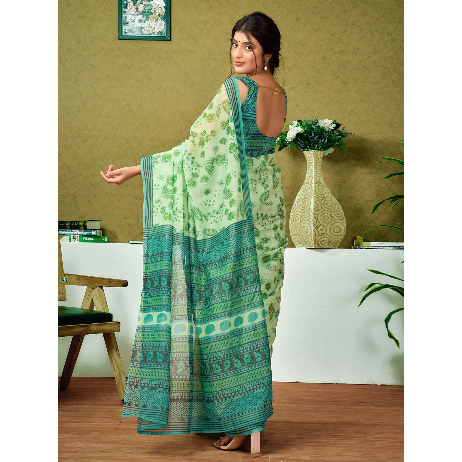 Satrani Women's Chanderi Cotton Printed Ready To Wear One Minute Pre Pleated Readymade Saree With Unstitched Blouse Piece (32Rs314N_Green2)