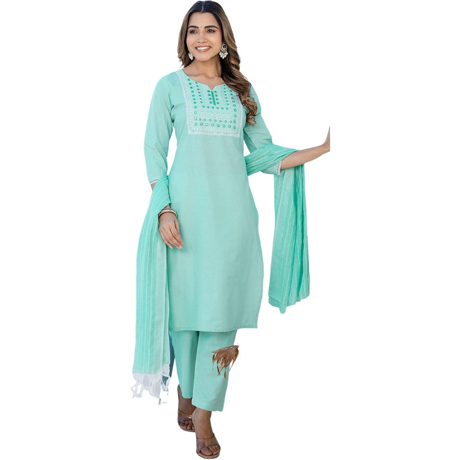 Sanisa Women's Cotton Embroidery And Mirror Work Straight Kurta With Pant And Dupatta Set (285Kbd2982N-S_Mint Green)