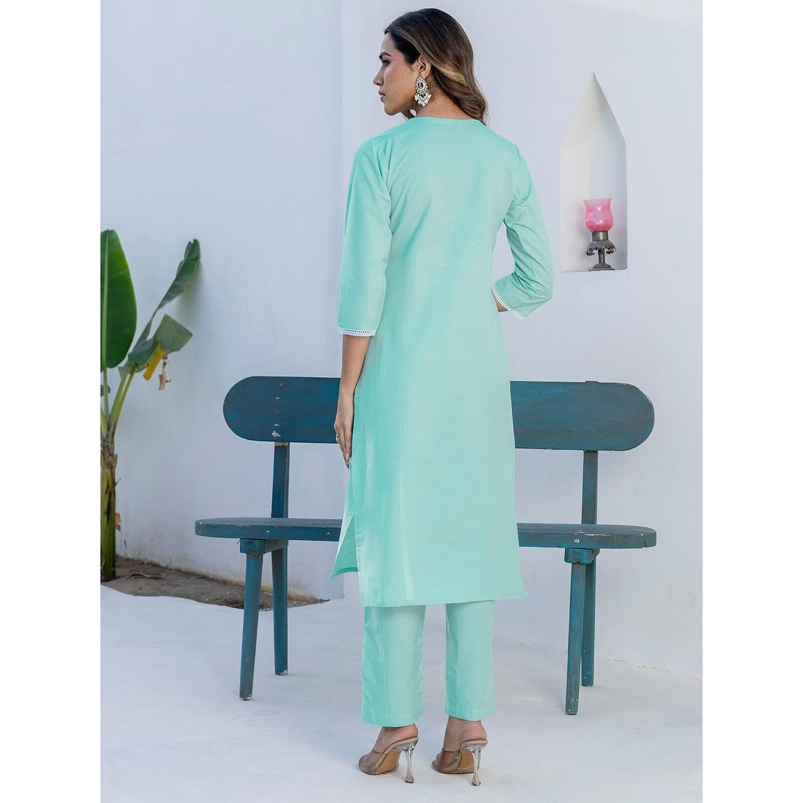 Sanisa Women's Cotton Embroidery And Mirror Work Straight Kurta With Pant And Dupatta Set (285Kbd2982N-S_Mint Green)