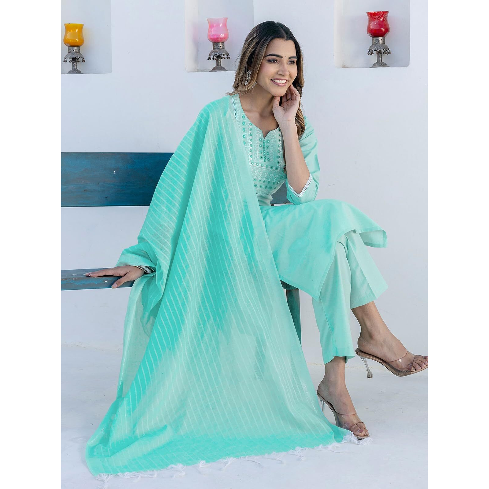 Sanisa Women's Cotton Embroidery And Mirror Work Straight Kurta With Pant And Dupatta Set (285Kbd2982N-S_Mint Green)