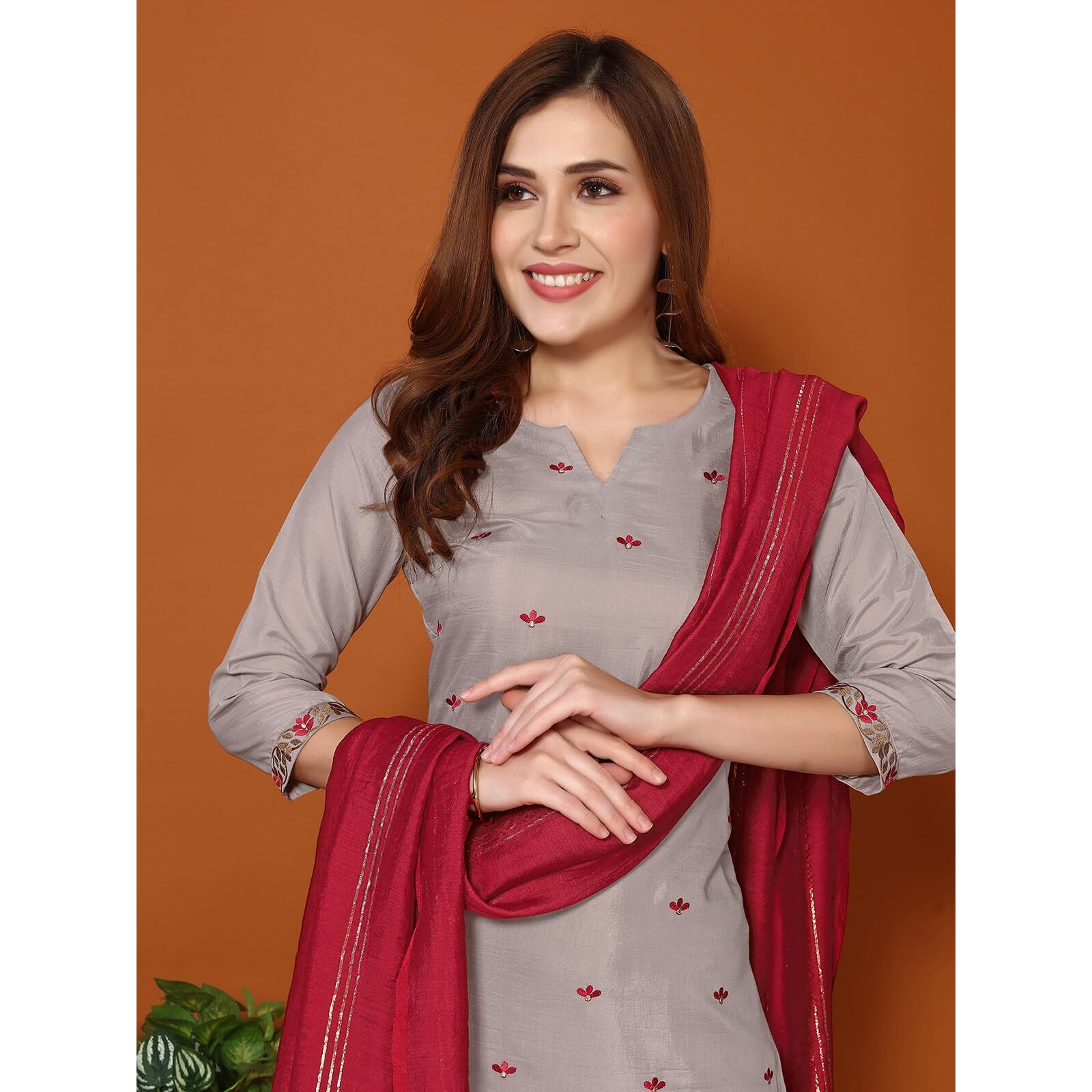 Sanisa Women's Chinnon Embroidery Straight Kurta With Pant And Self Woven Dupatta (54Kbd631Nz-M_Dusty Brown)