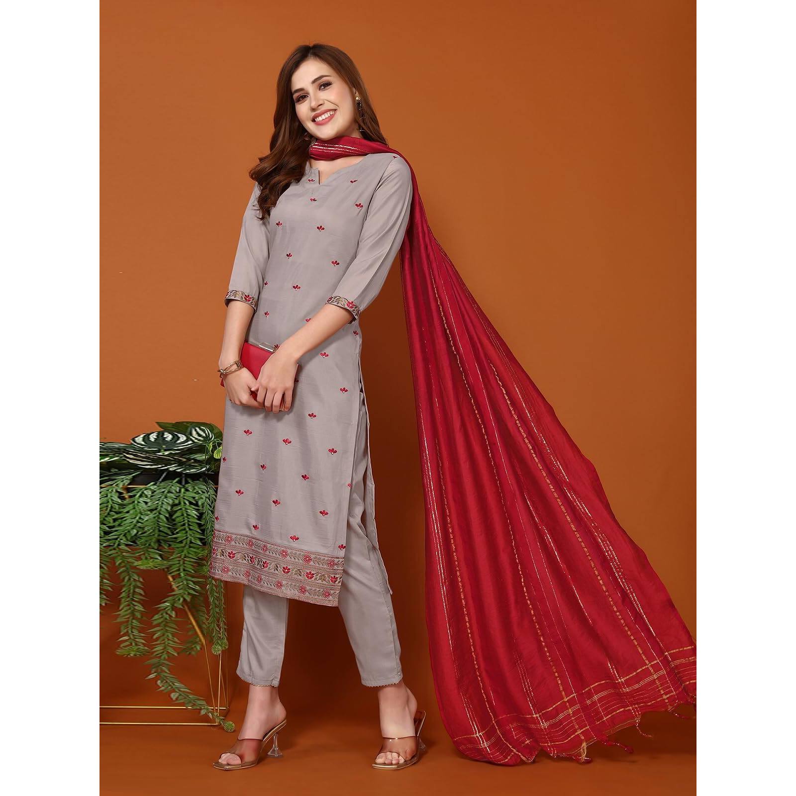 Sanisa Women's Chinnon Embroidery Straight Kurta With Pant And Self Woven Dupatta (54Kbd631Nz-M_Dusty Brown)