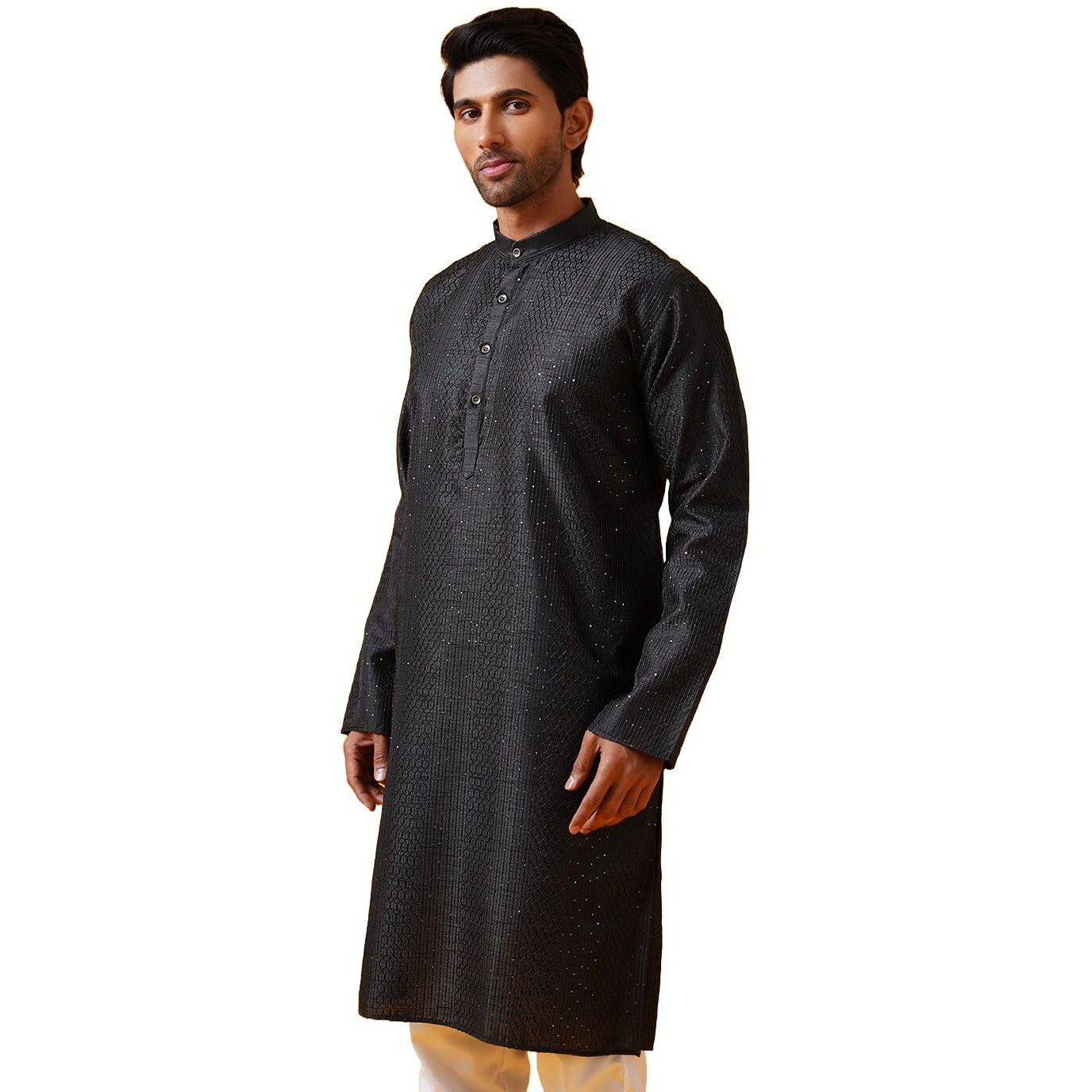 Sojanya (Since 1958 Men's Silk Bend Krochet Thread Embroidered Black Long Kurta