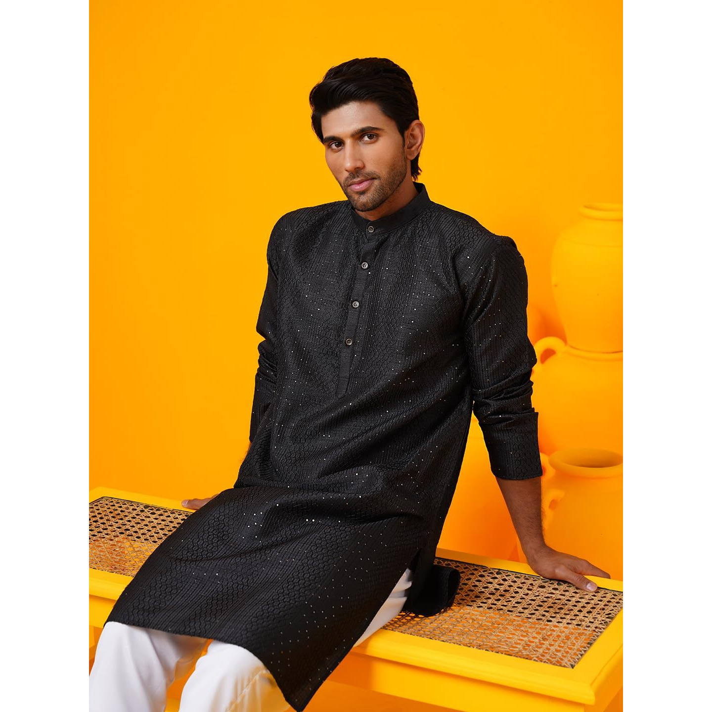 Sojanya (Since 1958 Men's Silk Bend Krochet Thread Embroidered Black Long Kurta