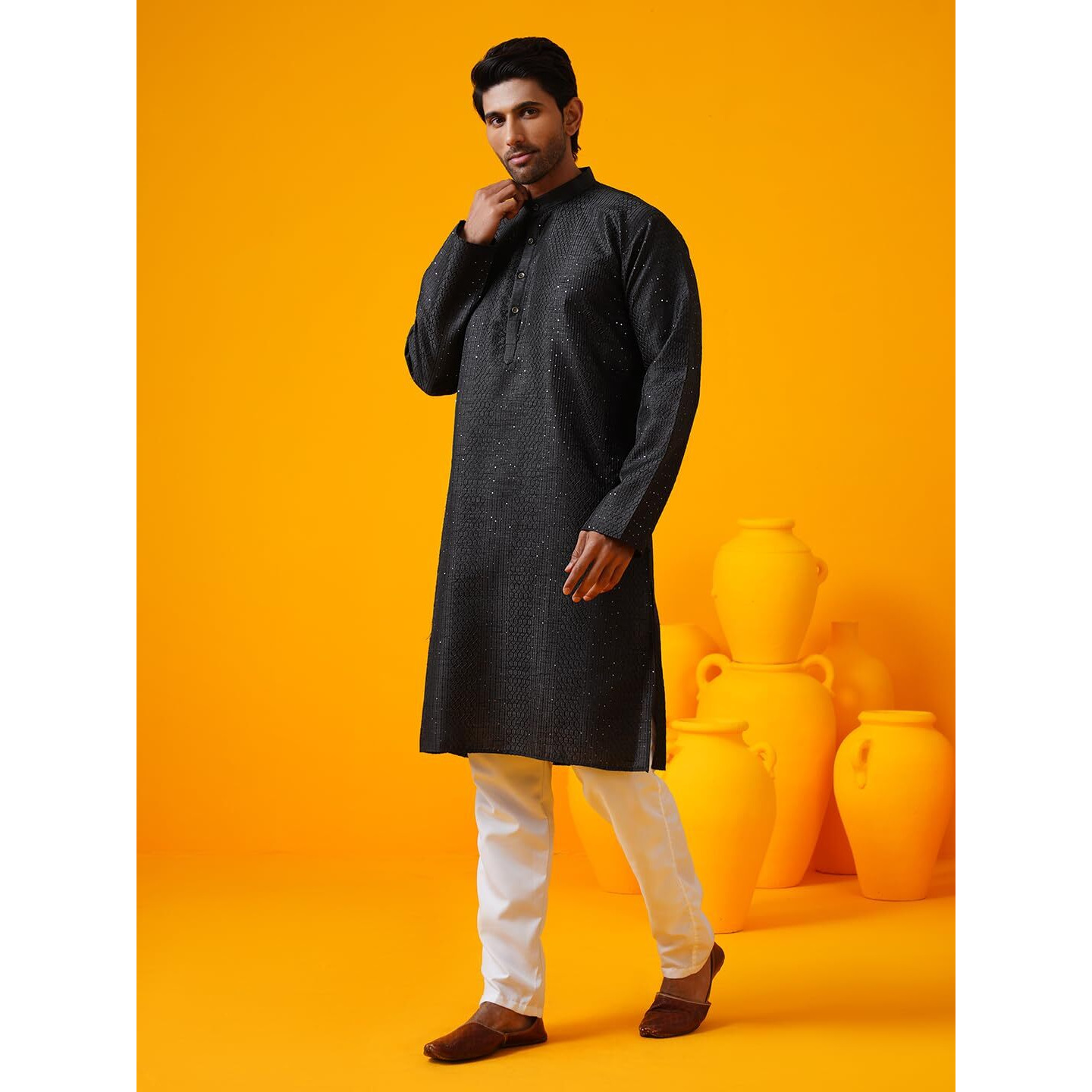 Sojanya (Since 1958 Men's Silk Bend Krochet Thread Embroidered Black Long Kurta