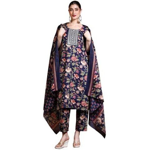 Varanga Floral Printed Thread Work Straight Kurta With Trousers & Dupatta