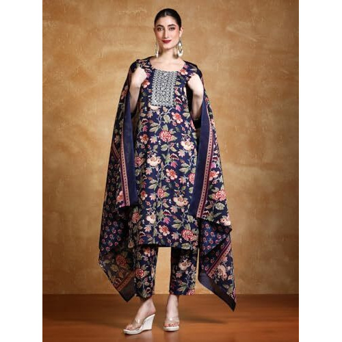 Varanga Floral Printed Thread Work Straight Kurta With Trousers & Dupatta